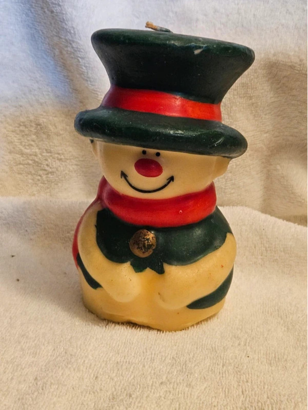VTG Snowman Figural Candle 6" Green Top Hat Red Scarf Christmas Decor See Flaws